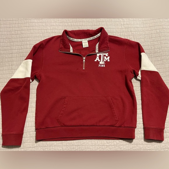 PINK Victoria's Secret Tops - Pink Victoria's Secret Quarter Zip Sequined A&M Aggies Pullover SWEATSHIRT Sz M